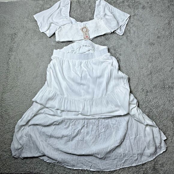 White Boho Maxi Dress XL Flutter Sleeve‎ Pockets Cutout Waist Tiered Cottagecore - Picture 14 of 15
